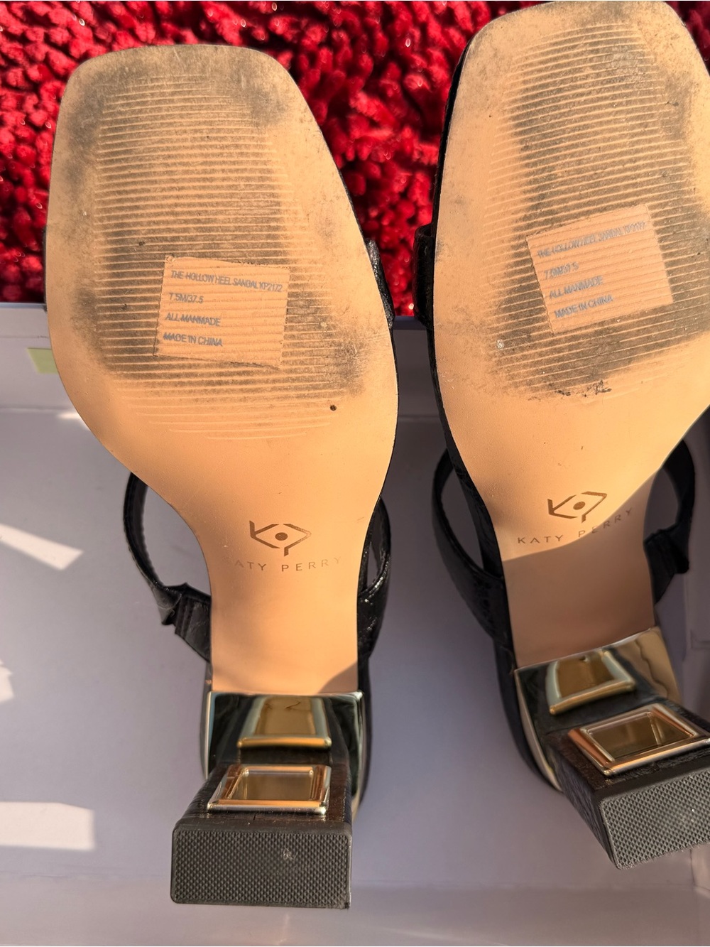Katy Perry Collections Black Patent Block Heel Sandals with Gold Accent - Picture 2 of 4